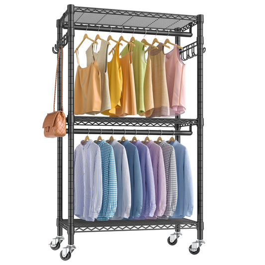 V12 Mini Rolling Clothes Rack Heavy Duty Clothing Rack for Hanging Clothes Adjustable Metal Wire Shelving Portable Closet with Wheels Side Hooks, Freestanding Closet Wardrobe, Black